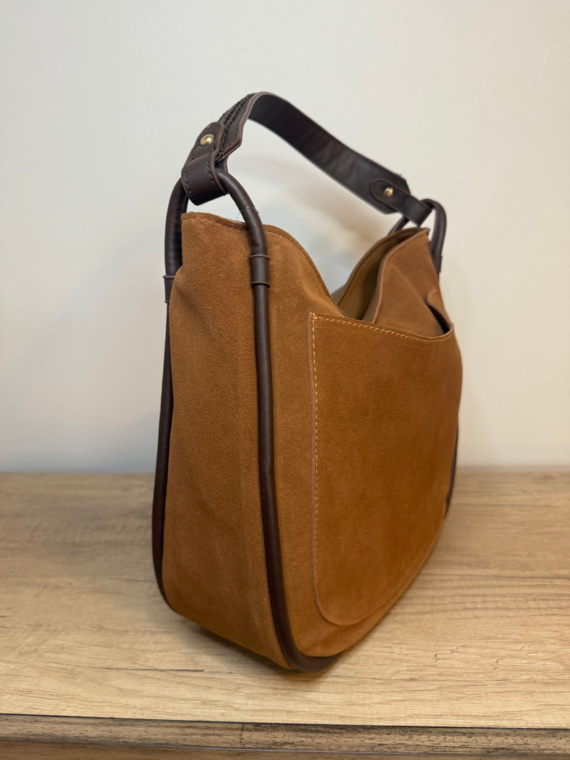 Suede Leather Shoulder Hobo Bag - Brown