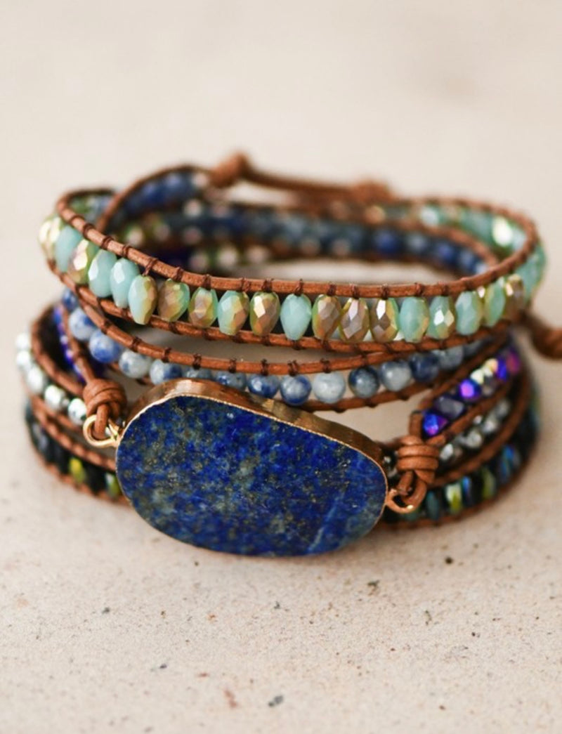Blue Stone & Leather Wrap Bracelet