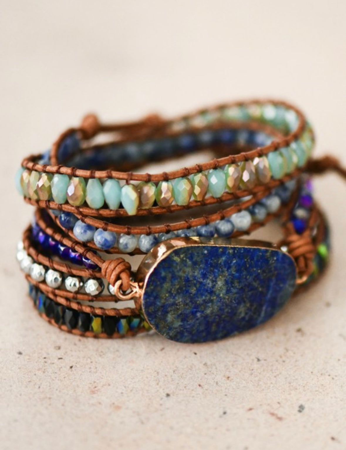 Blue Stone & Leather Wrap Bracelet