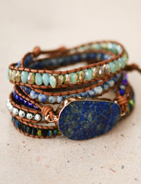 Blue Stone & Leather Wrap Bracelet