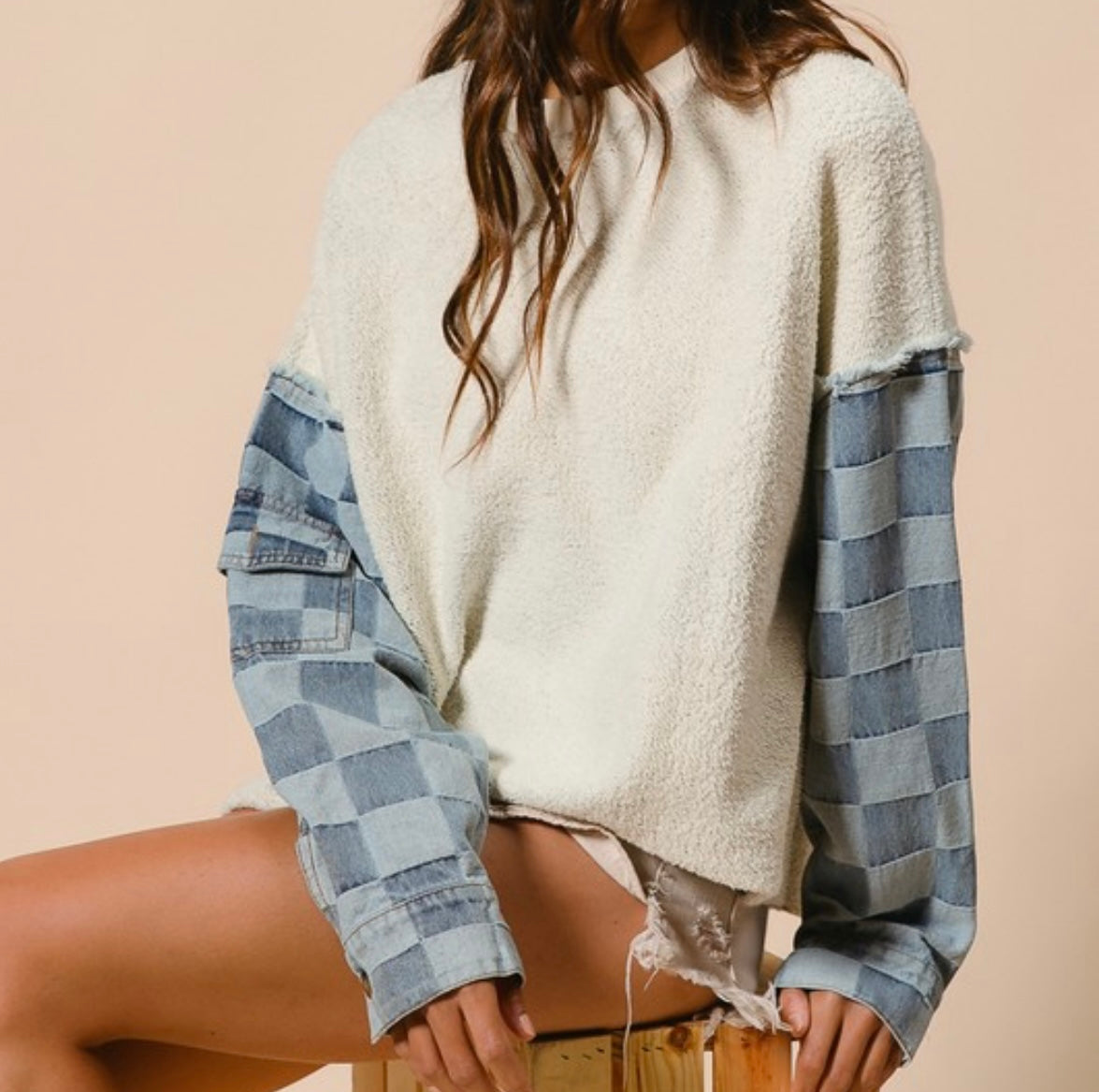 Loop Terry with Washed Checker Denim Sleeves Pullover