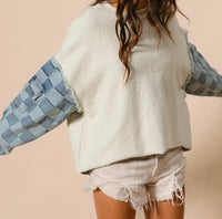 Loop Terry with Washed Checker Denim Sleeves Pullover