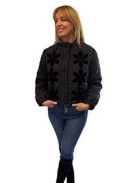 Quilted Floral Patch Jacket - Black