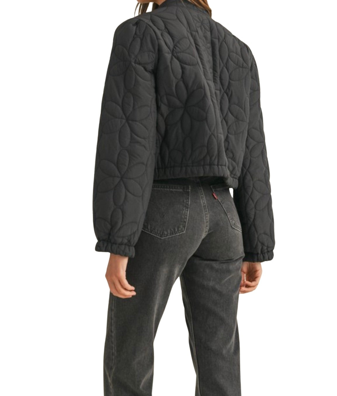 Quilted Floral Patch Jacket - Black