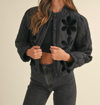 Quilted Floral Patch Jacket - Black