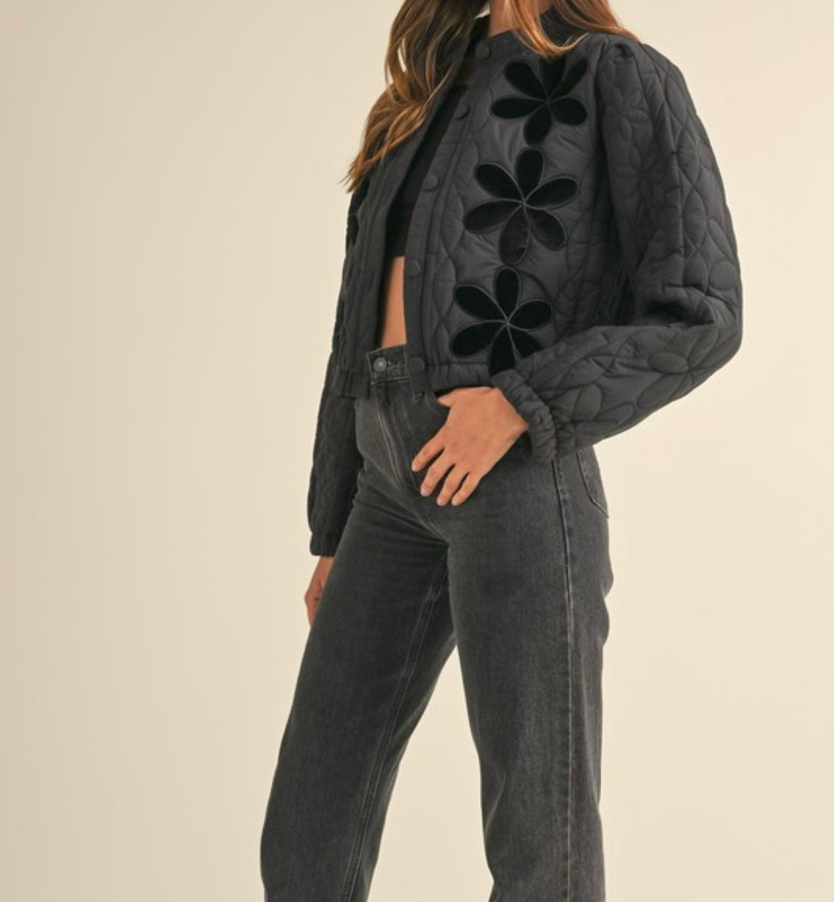 Quilted Floral Patch Jacket - Black