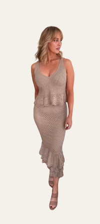 Meghan Knit Ruffled Skirt Set - Beige