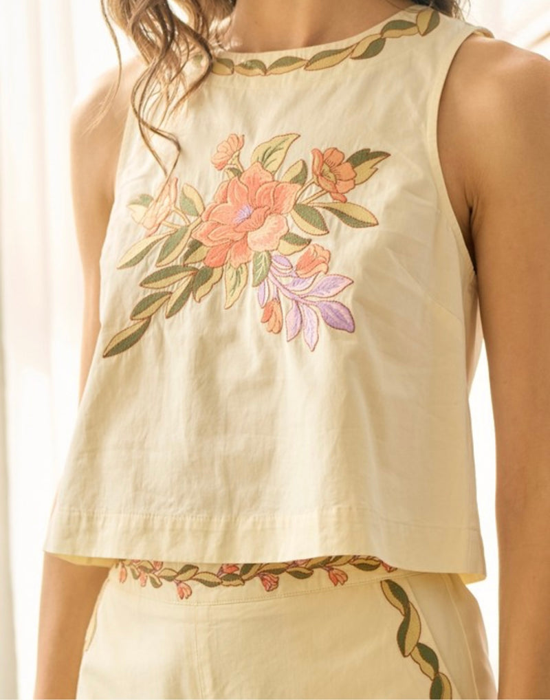 Positano Floral Embroidery Back Tie Top and Shorts Set