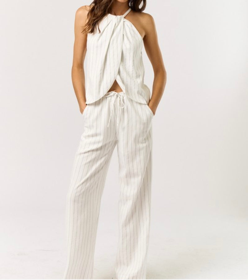 White Striped Halter Pants Set
