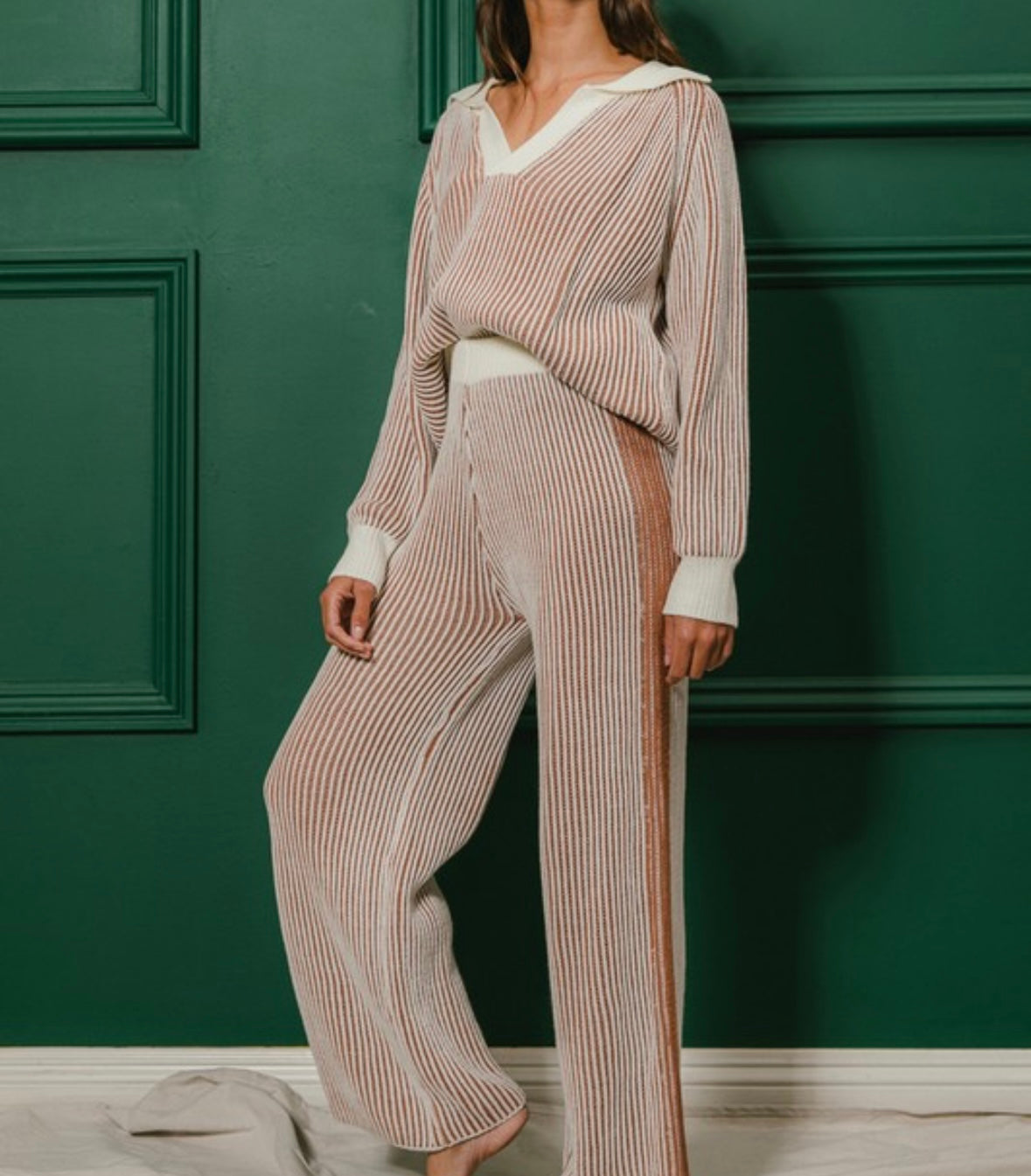 Two Tone Rib Texture Sweater and Pants Set