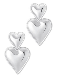 Double Heart Drop Earrings - Silver