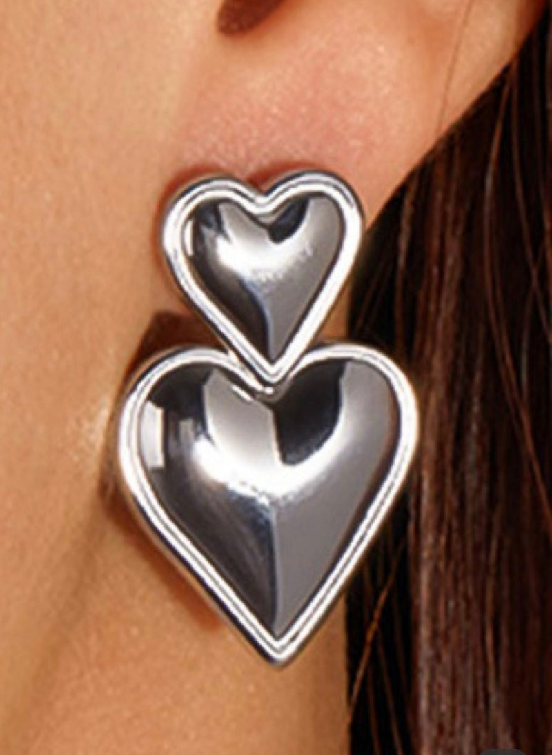 Double Heart Drop Earrings - Silver