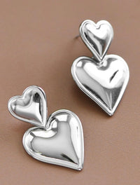 Double Heart Drop Earrings - Silver