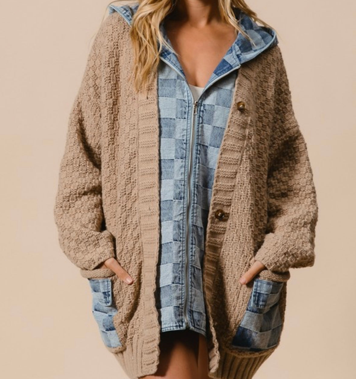 Washed Checker Denim Zip Up Sweater Cardigan