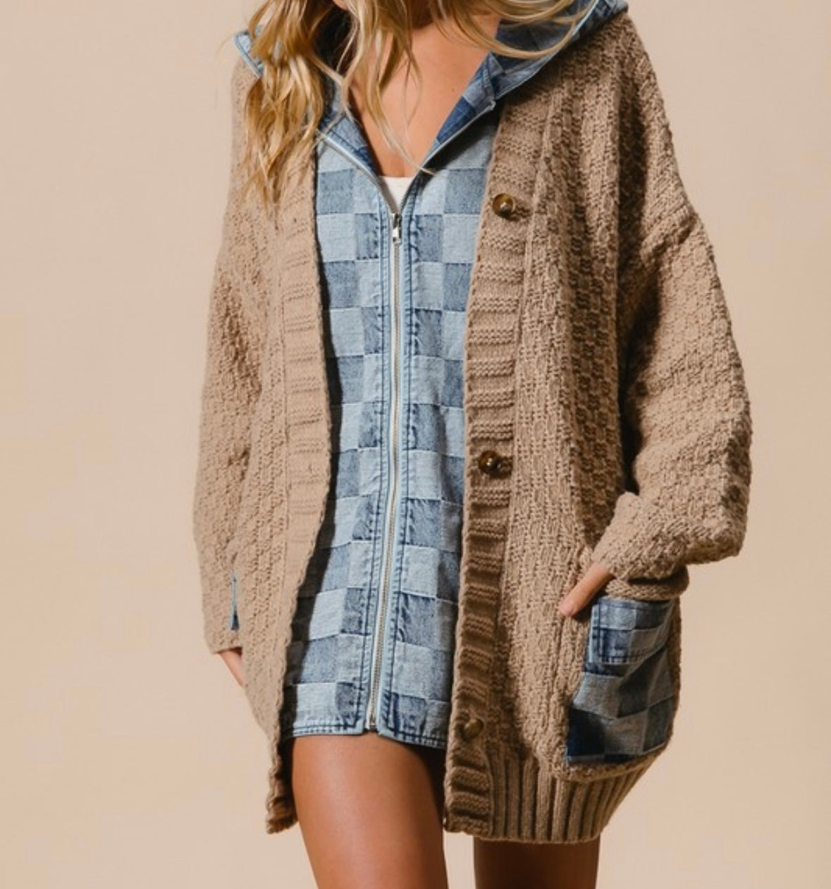 Washed Checker Denim Zip Up Sweater Cardigan – Relle Belle Boutique