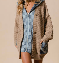 Washed Checker Denim Zip Up Sweater Cardigan