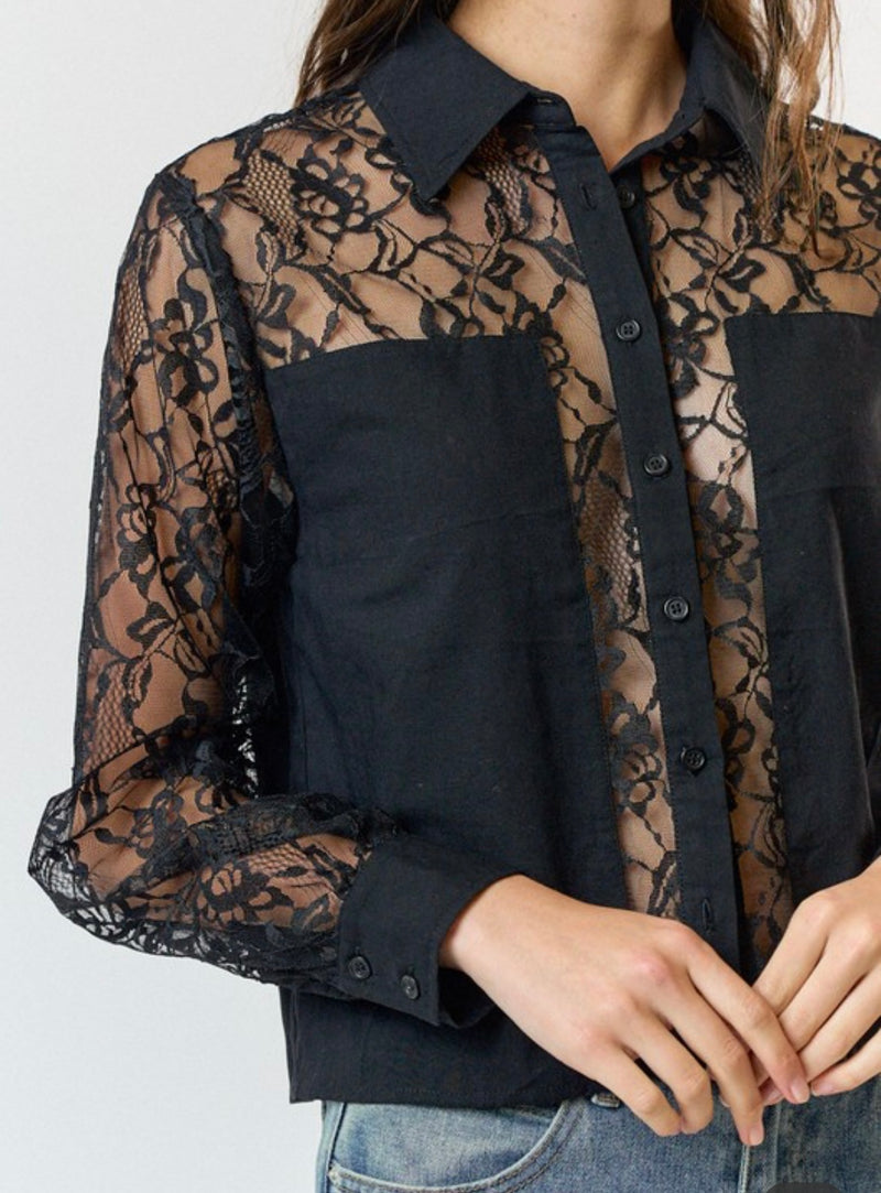 Deborah Sheer Lace Button Down Top