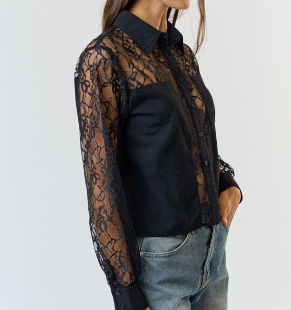 Deborah Sheer Lace Button Down Top