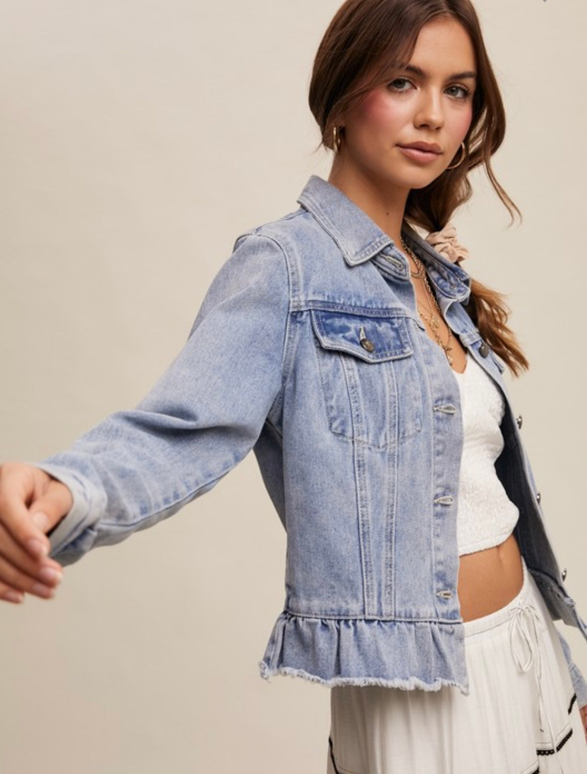 Ruffled Hem Denim Jacket