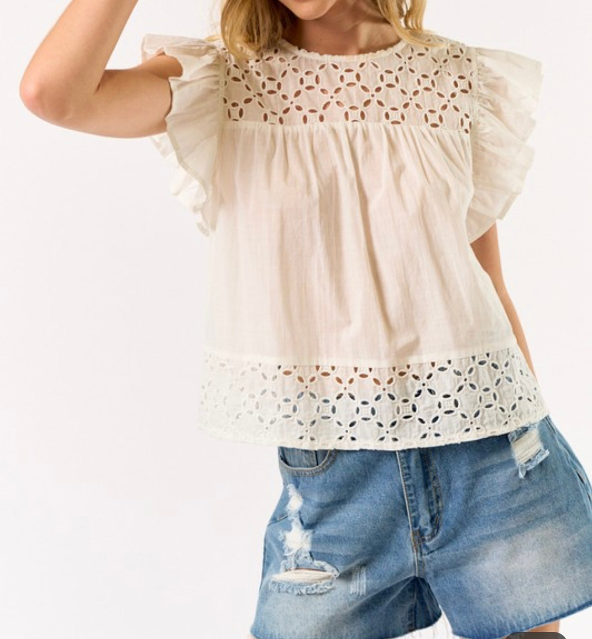 Jody Embroidered Ruffle Short Sleeve Top