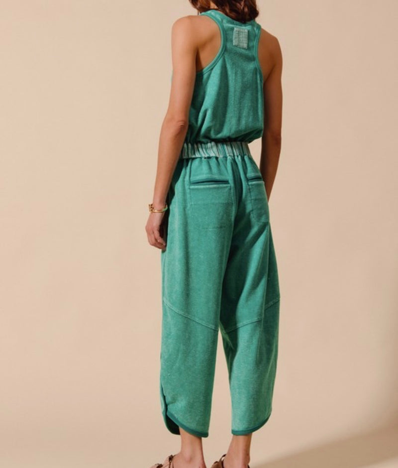 Beth Mineral Washed Button Up Terry Jumpsuit - BLACK