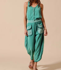 Beth Mineral Washed Button Up Terry Jumpsuit - BLACK
