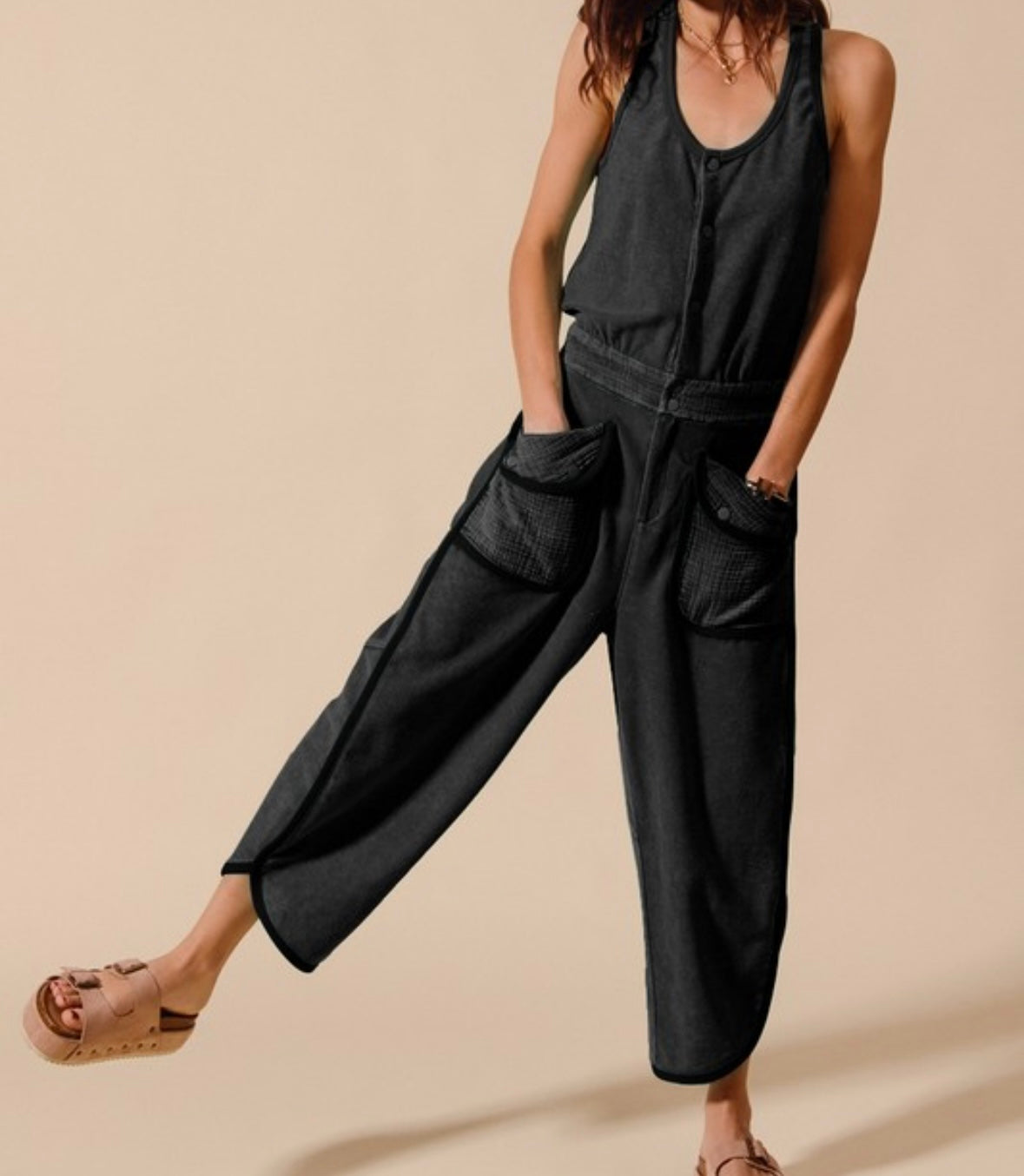 Beth Mineral Washed Button Up Terry Jumpsuit - BLACK