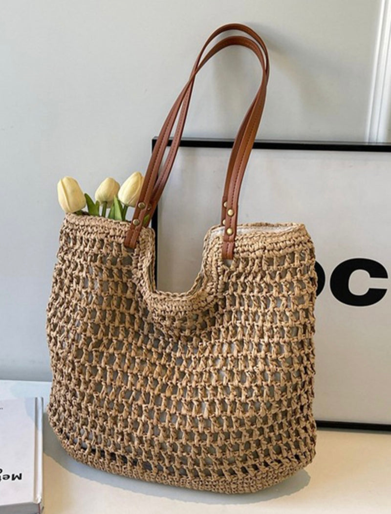 Straw Woven Shoulder Bag - KHAKI